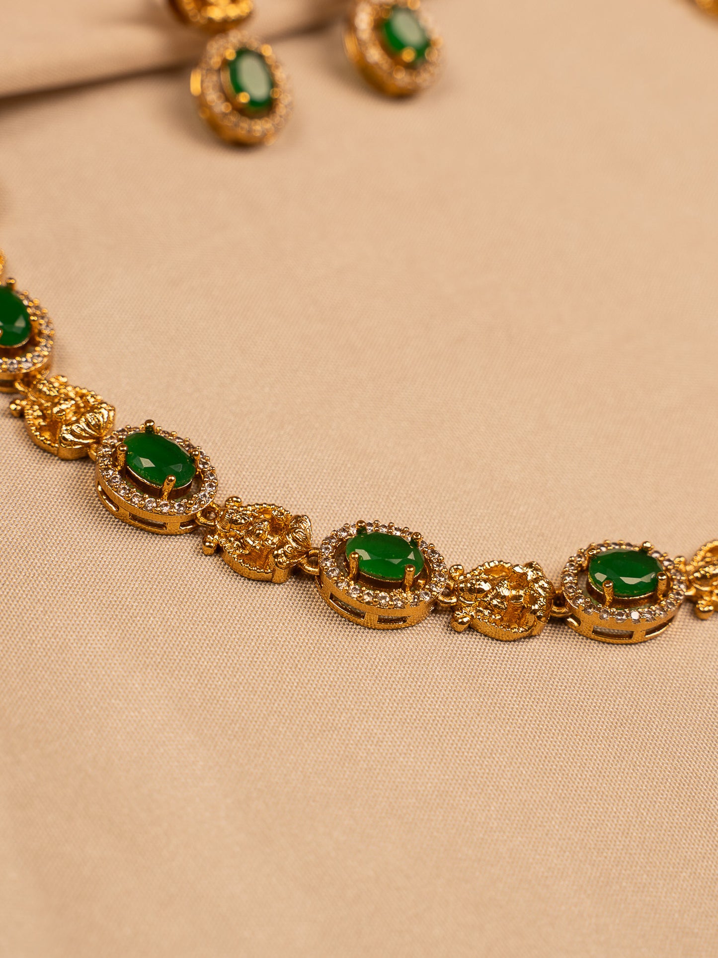 Elegant Green Stone Necklace Set with Gold Filigree Accents