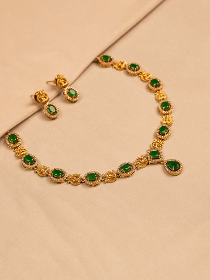Elegant Green Stone Necklace Set with Gold Filigree Accents