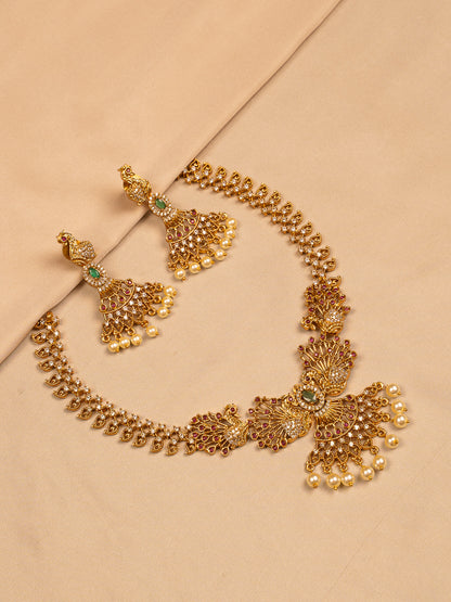 Regal Peacock Design Necklace Set with CZ and Pearl Drops