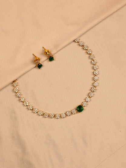 Elegant Floral CZ Necklace Set with Emerald Green Stones