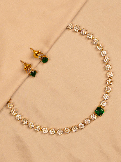 Elegant Floral CZ Necklace Set with Emerald Green Stones