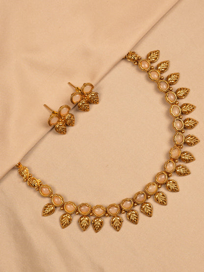 Antique Gold Leaf Necklace Set with Cream Stone Detailing
