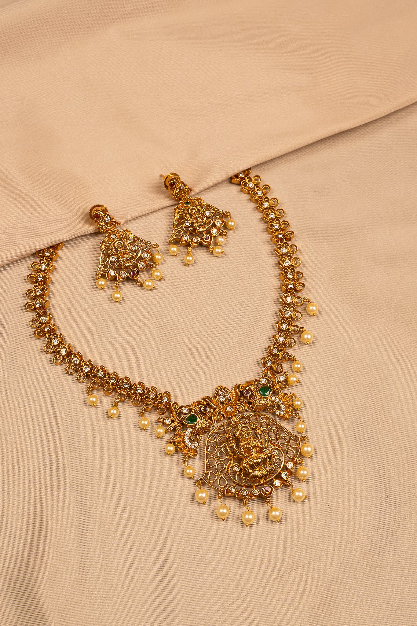 Lakshmi Antique Gold Temple Necklace Set with Pearls and Earrings