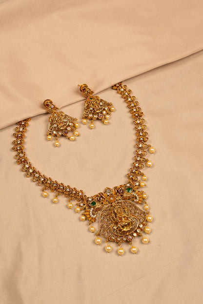 Lakshmi Antique Gold Temple Necklace Set with Pearls and Earrings