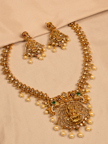Lakshmi Antique Gold Temple Necklace Set with Pearls and Earrings
