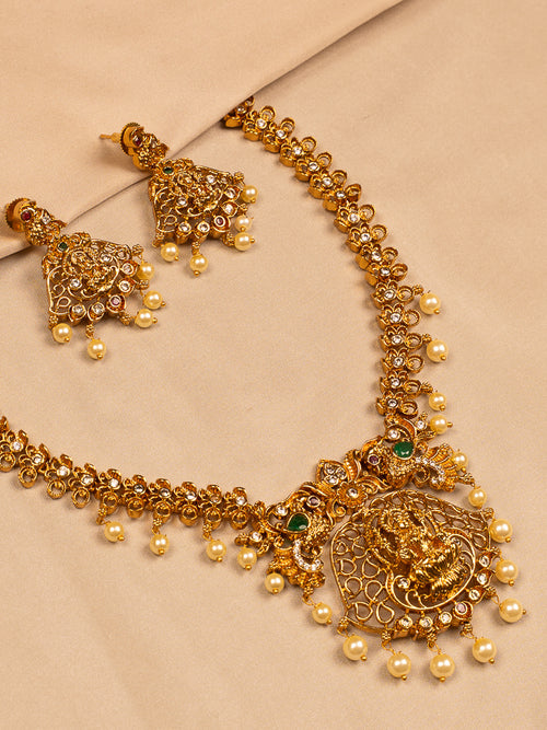 Lakshmi Antique Gold Temple Necklace Set with Pearls and Earrings