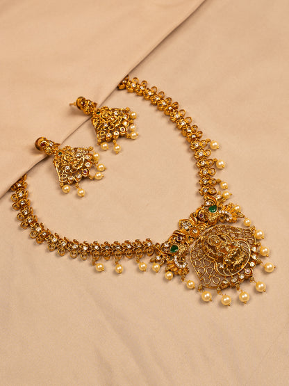 Lakshmi Antique Gold Temple Necklace Set with Pearls and Earrings