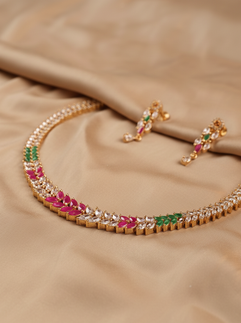 Elegant Red & Green Stone Necklace Set with Earrings