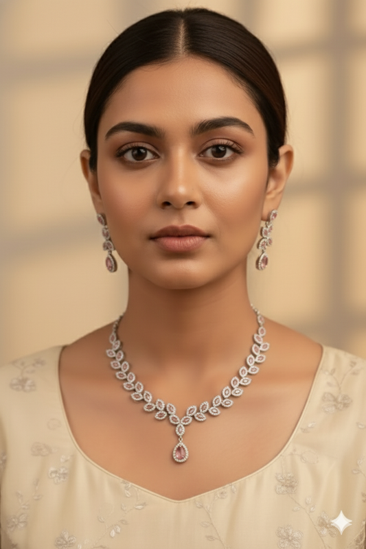 Rose Gold-Plated Leaf Motif Necklace Set with Earrings