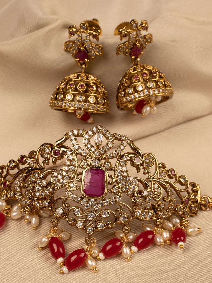 Elegant Red and white Stone Choker Necklace with Earring kc308