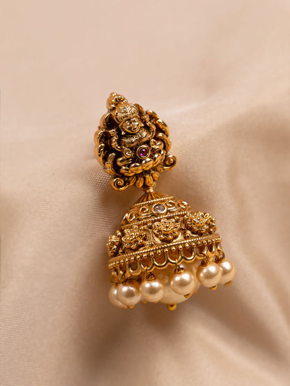 Antique Gold Temple Jhumka Earrings with Pearl Drops