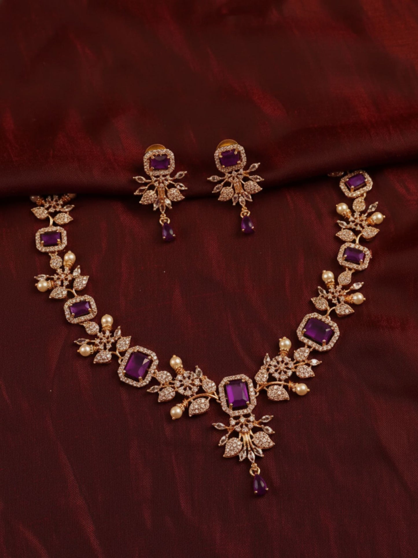 Purple Gold Crystal & Pearl  Necklace Set