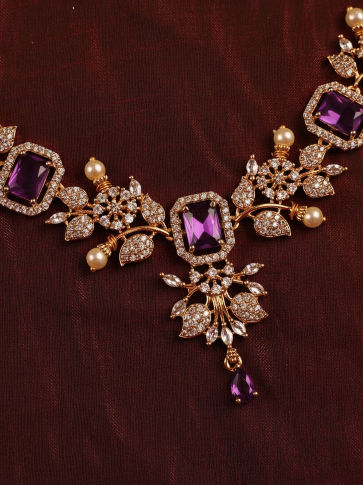 Purple Gold Crystal & Pearl  Necklace Set
