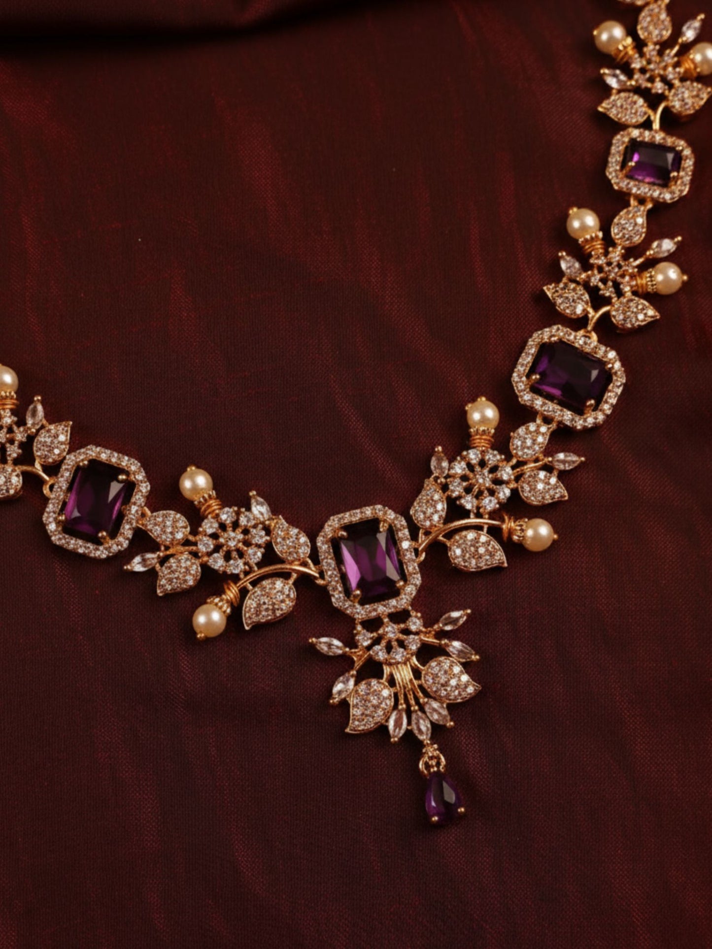 Purple Gold Crystal & Pearl  Necklace Set