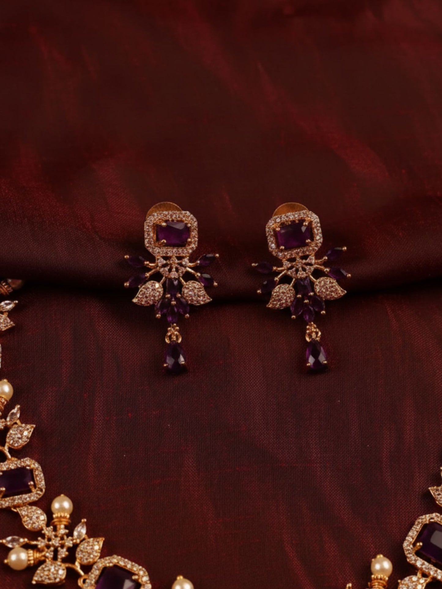 Purple Gold Crystal & Pearl  Necklace Set