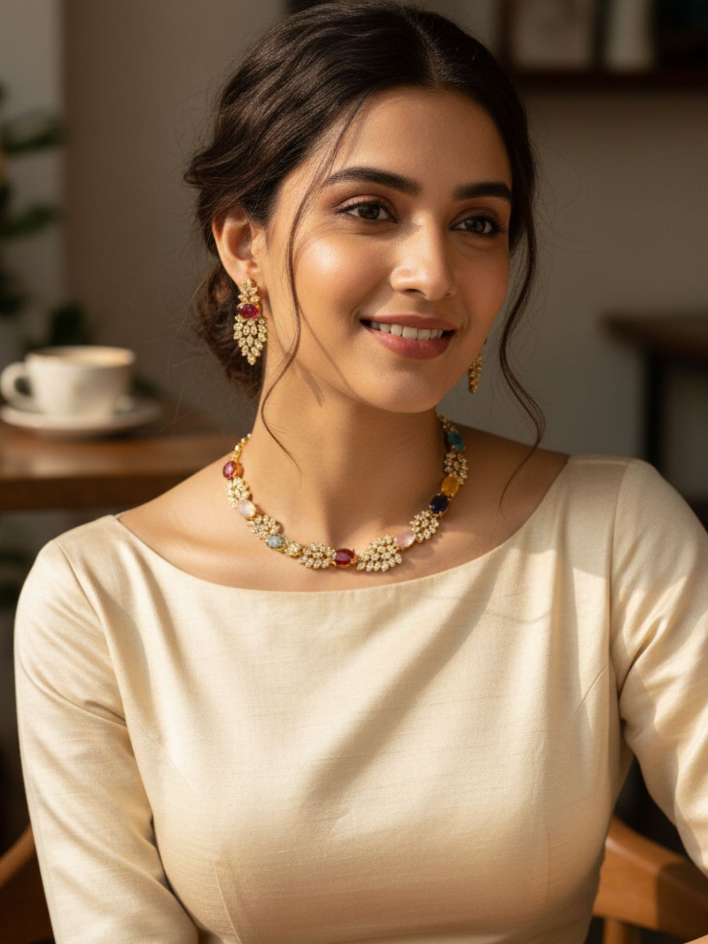 Royal Navaratna Necklace Set with American Diamonds