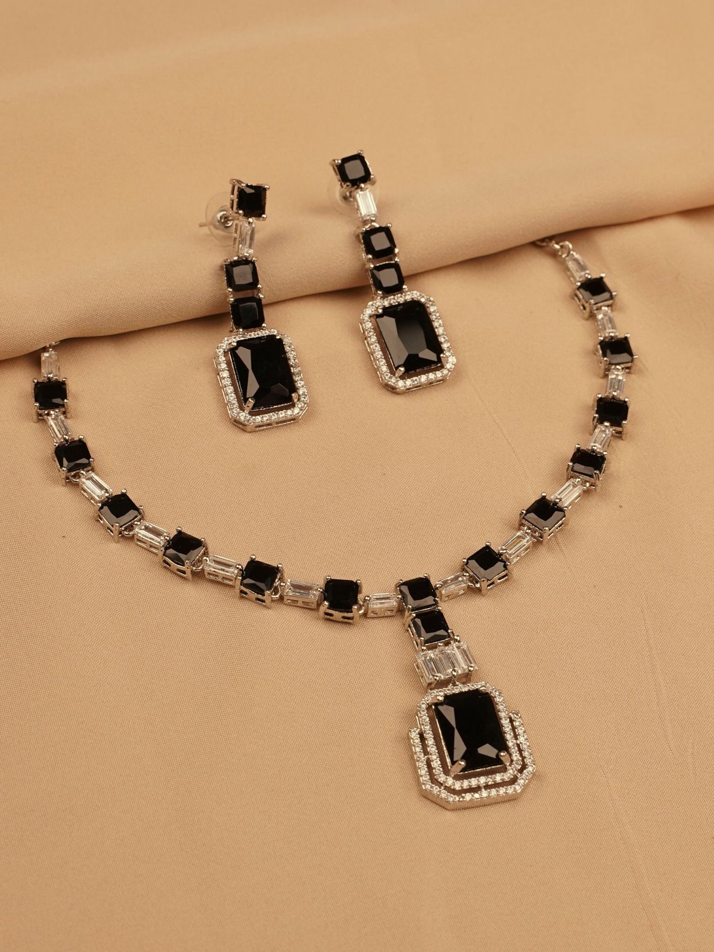 Silver-Plated Black Stone Necklace Set with Earrings