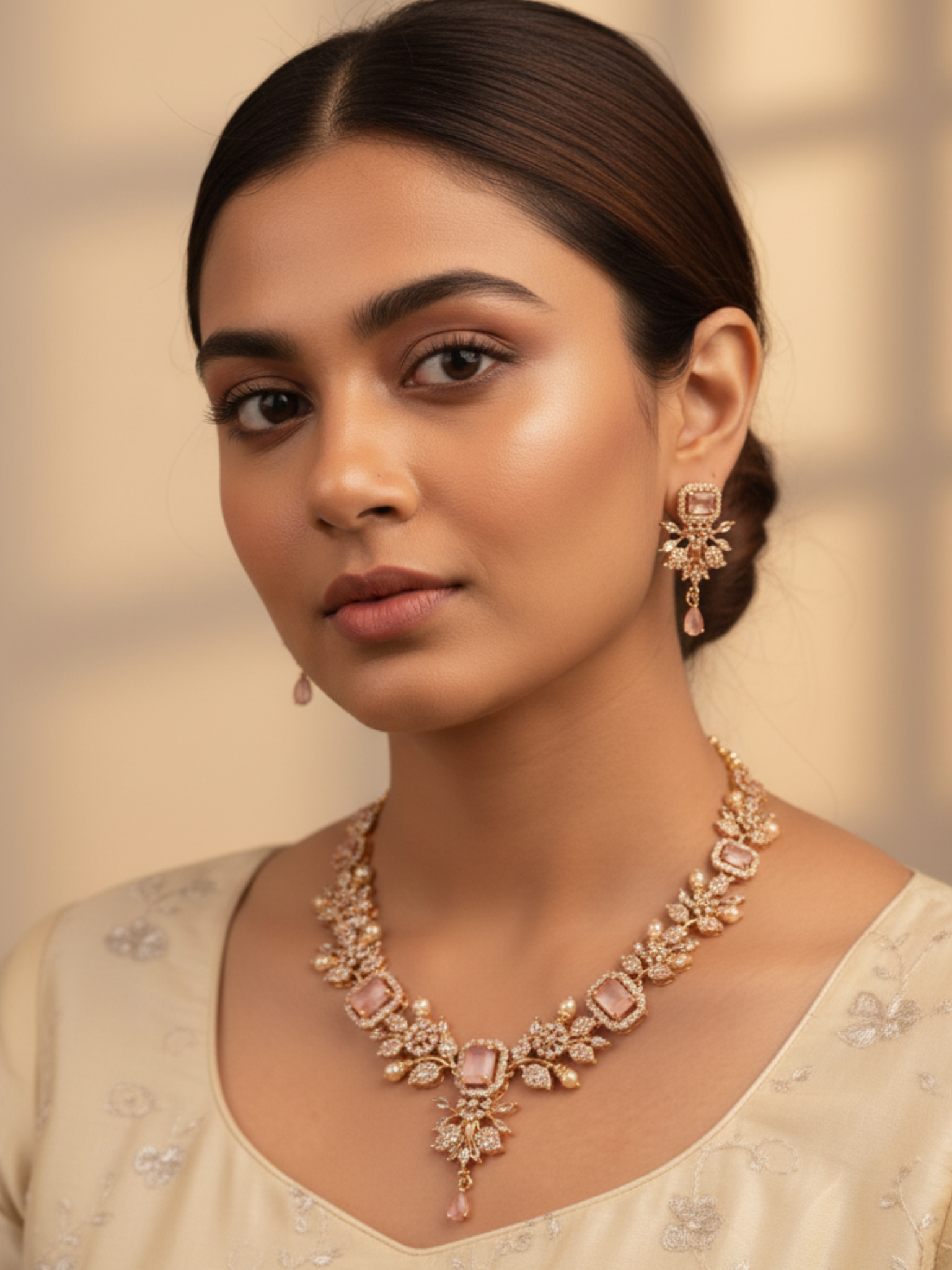 Blush Gold Crystal & Pearl Statement Necklace Set