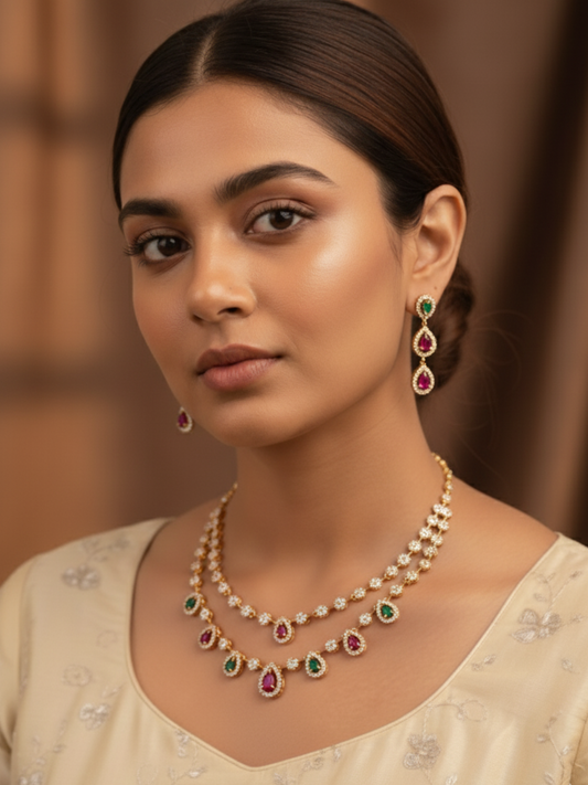 Elegant Double-Layer Teardrop Necklace Set with Earrings