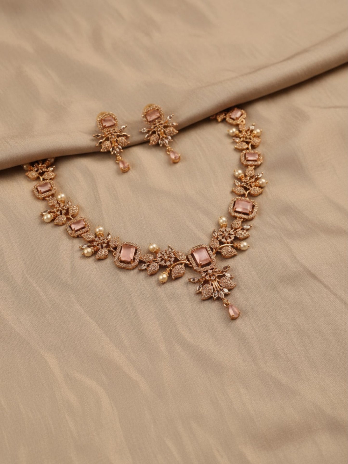 Blush Gold Crystal & Pearl Statement Necklace Set