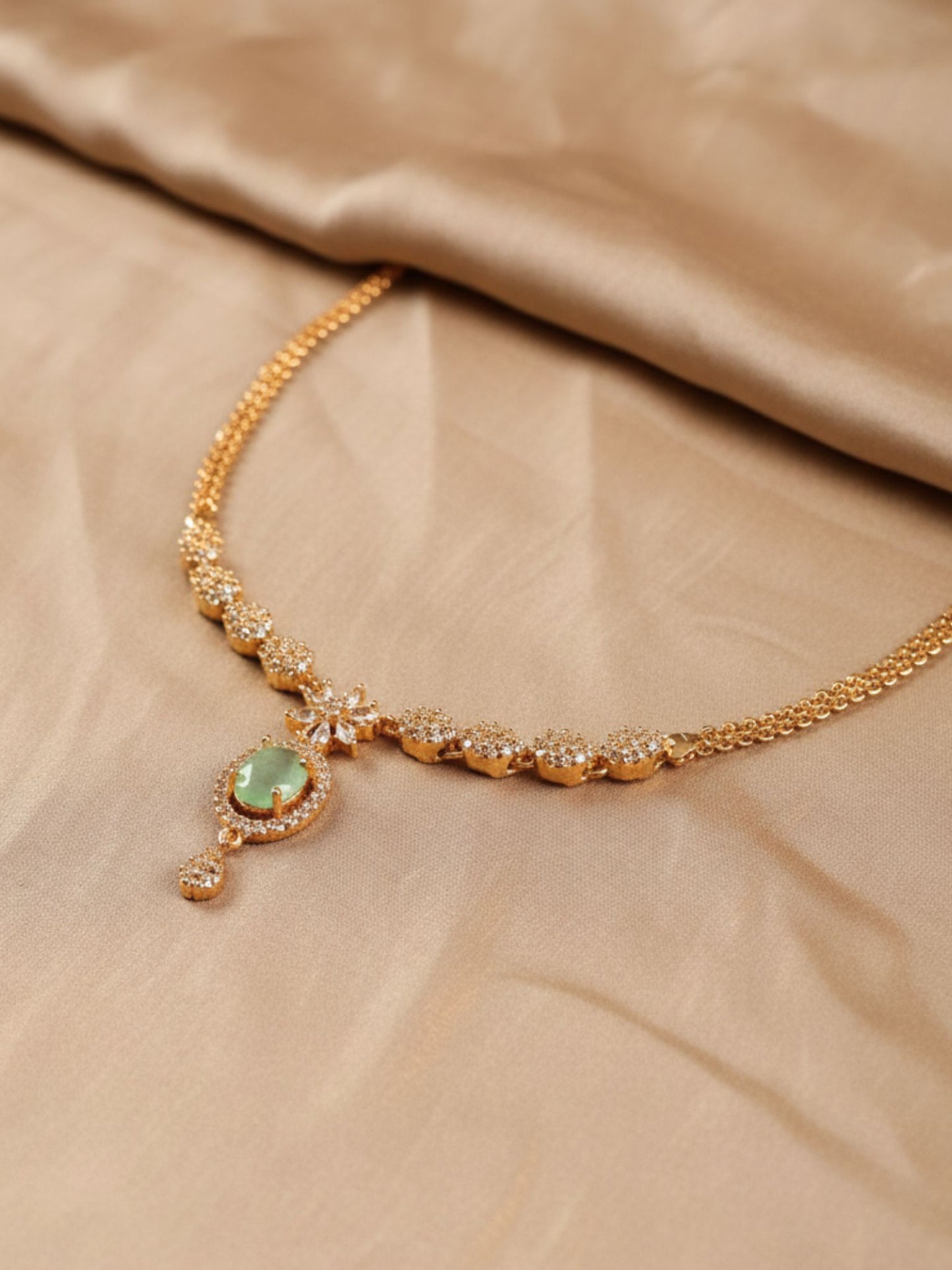 Elegant Gold Necklace with Lime Green Stone Pendant & White CZ Detailing