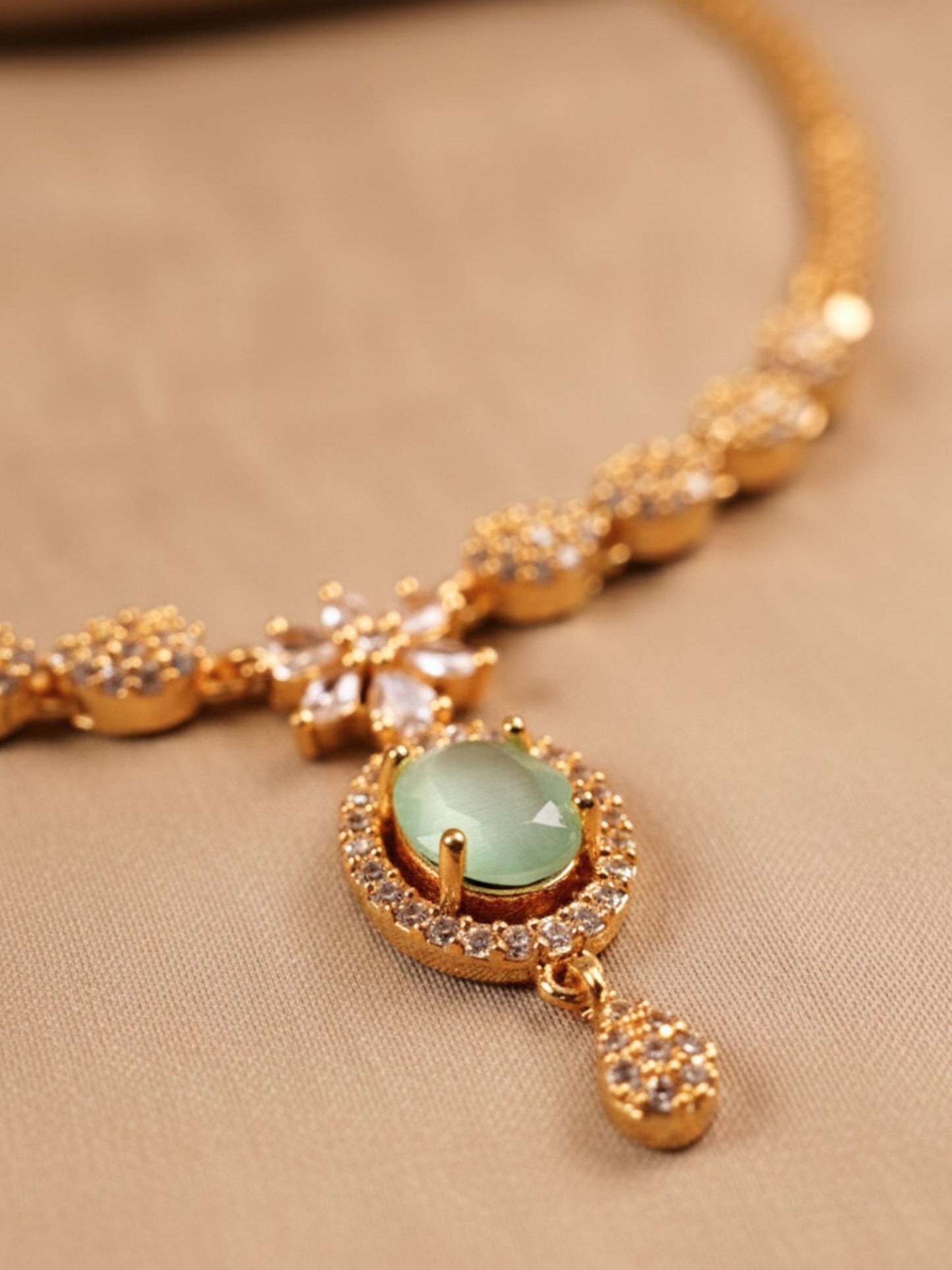 Elegant Gold Necklace with Lime Green Stone Pendant & White CZ Detailing