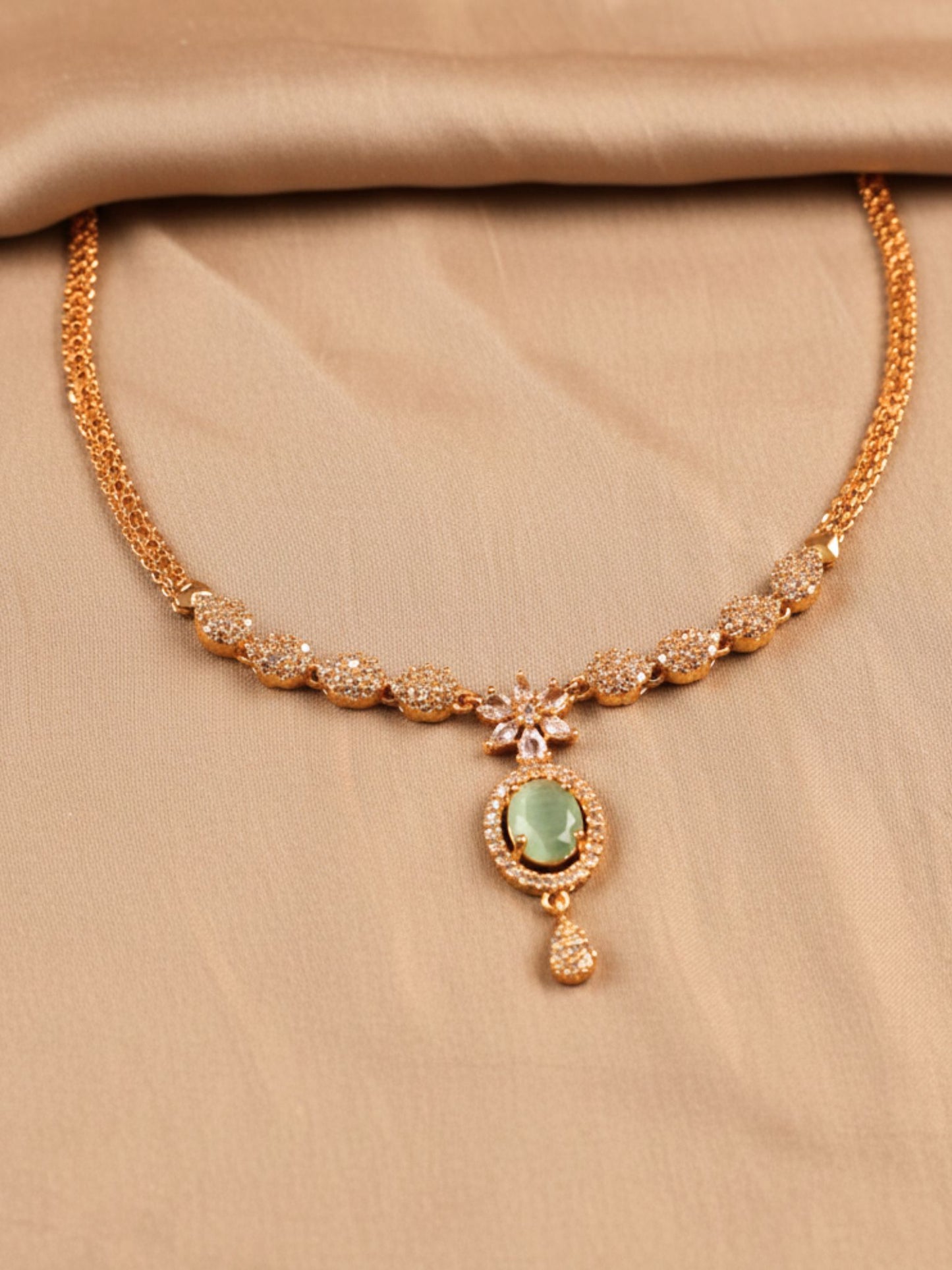Elegant Gold Necklace with Lime Green Stone Pendant & White CZ Detailing