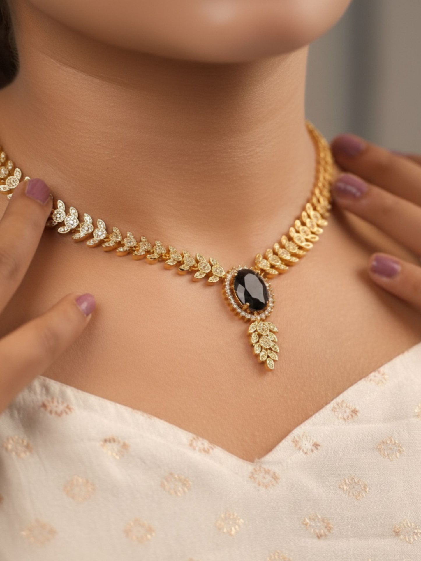 Black Stone & CZ Leaf Necklace Set with Matching Earrings