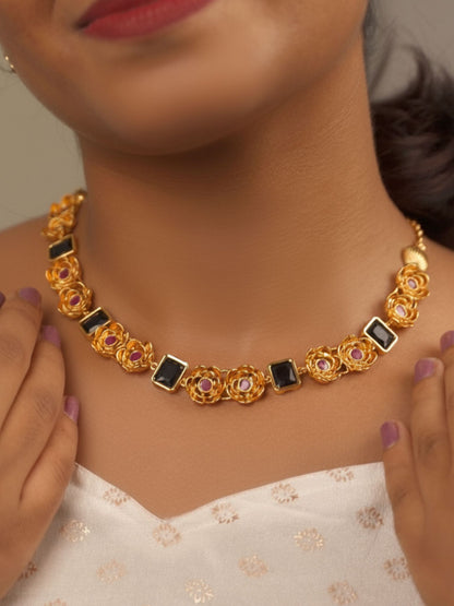 Elegant Black Stone and Floral Gold-Plated Necklace Set with Earrings