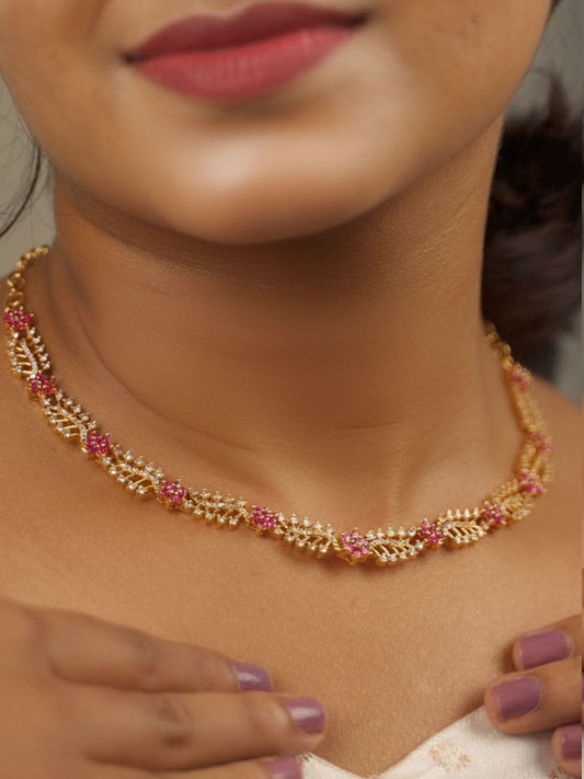 Leaf & Floral Choker Necklace with Red Stone Accents