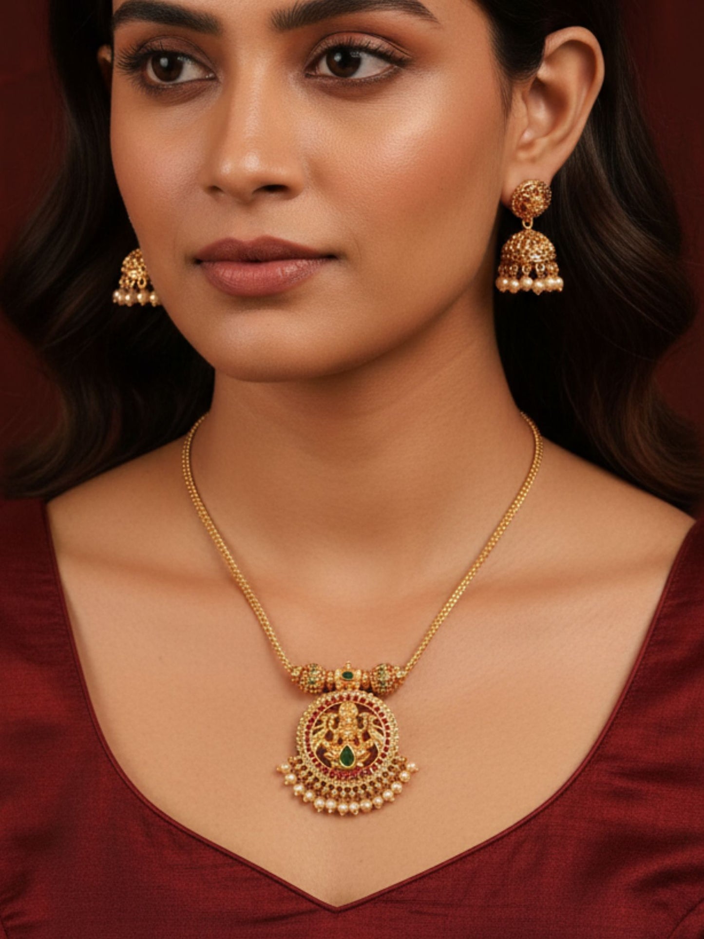 Antique Gold Lakshmi Pendant Necklace Set with Pearl Drops