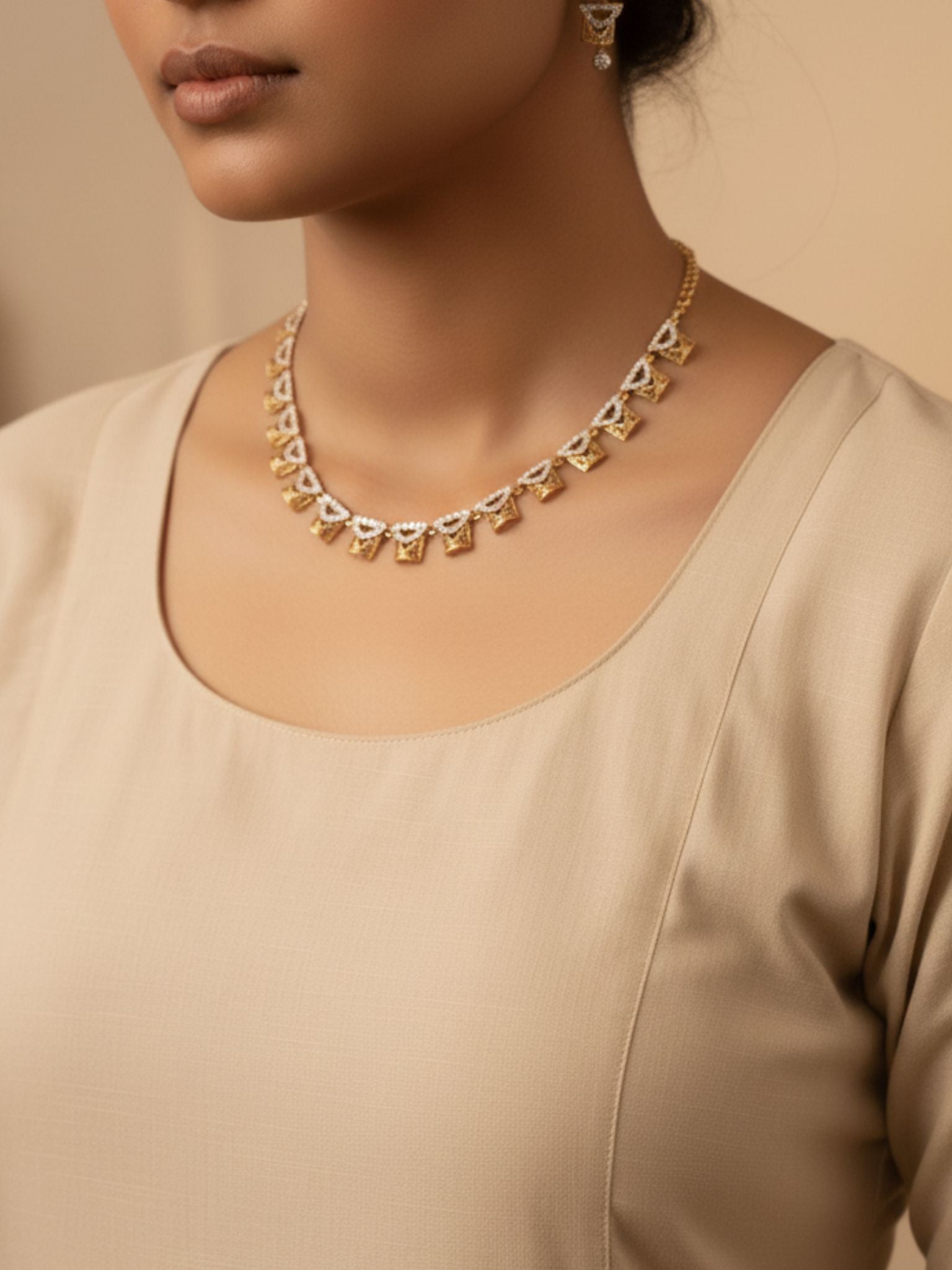 Contemporary Gold Cutwork Necklace Set with Crystal Accents