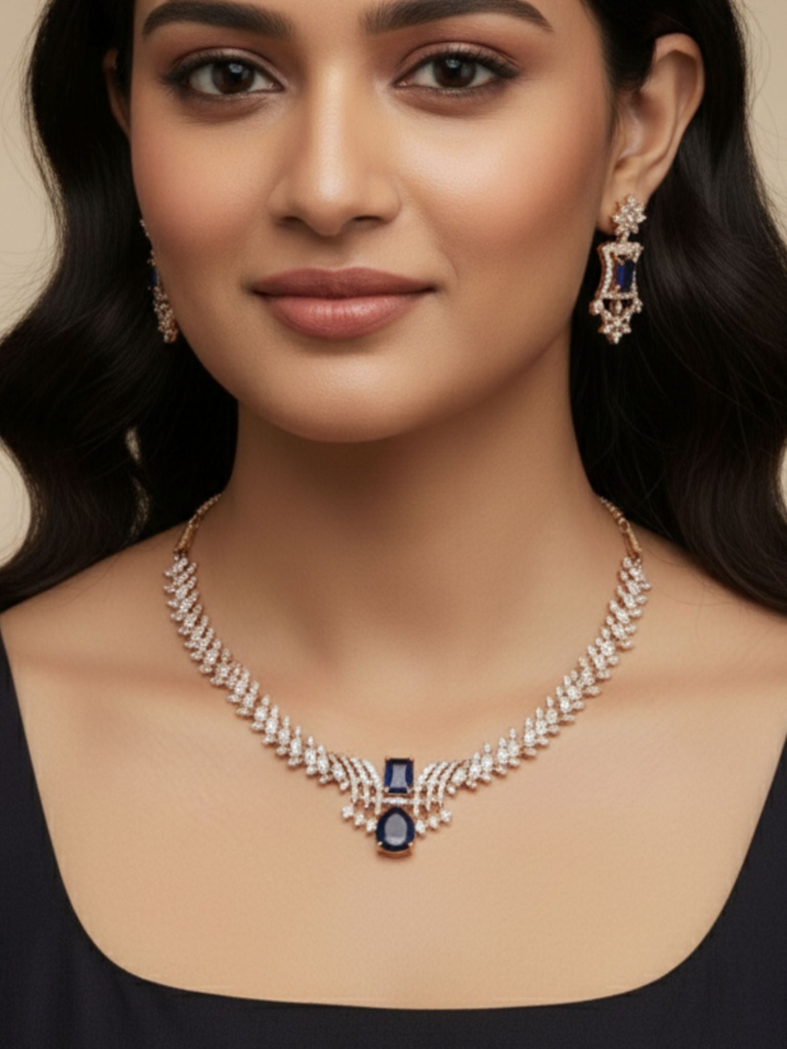 Royal Sapphire Blue Stone Necklace Set with Diamond Finish