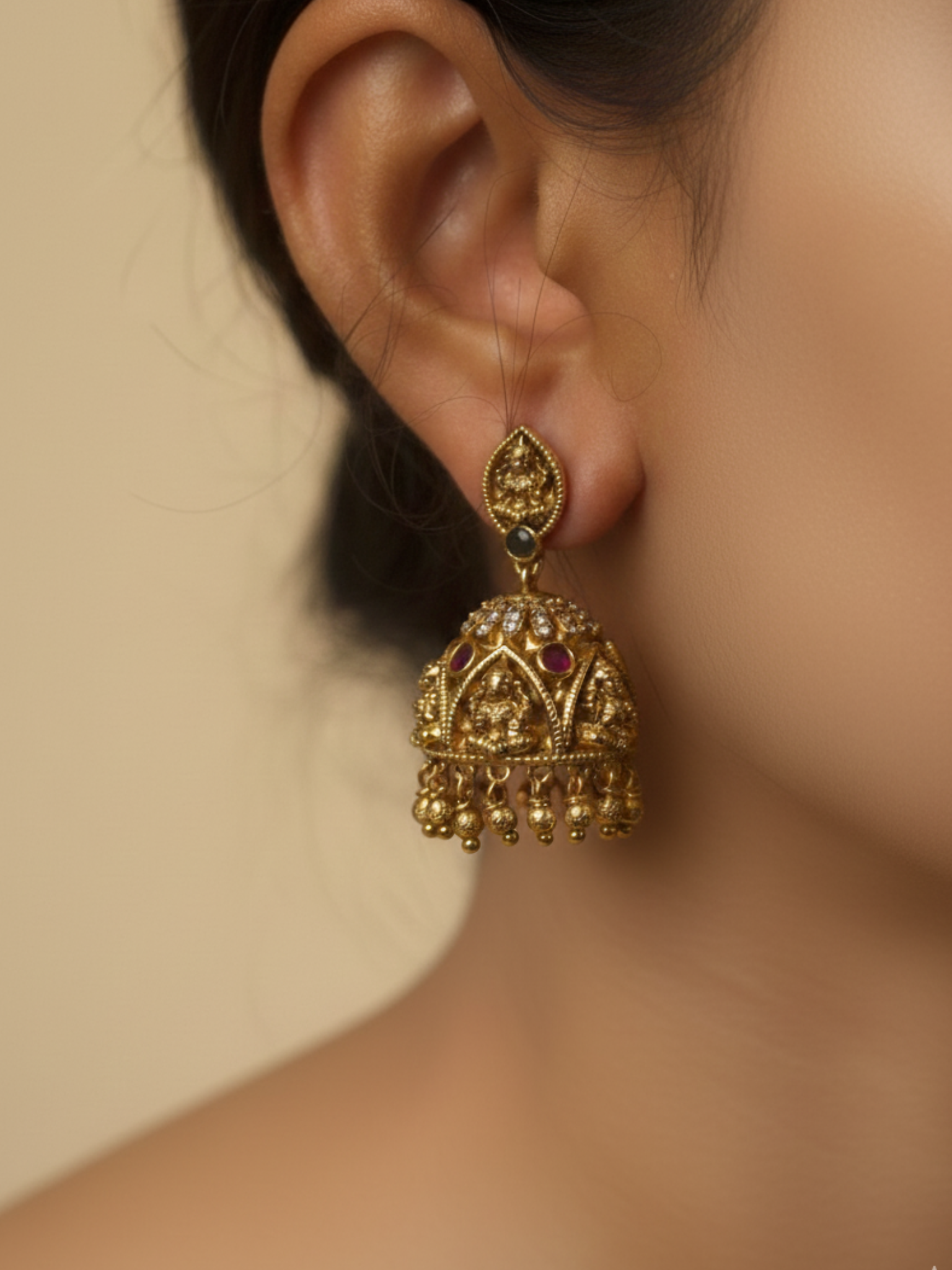 Antique Lakshmi Temple Jhumka Earrings – Gold Plated