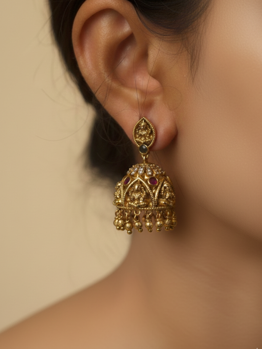 Antique Lakshmi Temple Jhumka Earrings – Gold Plated