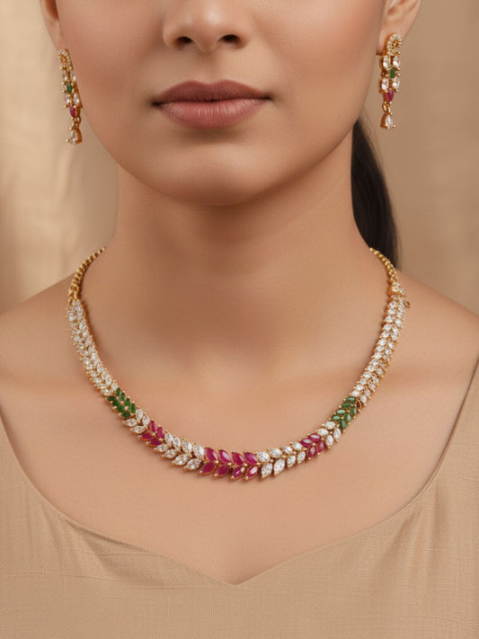 Elegant Red & Green Stone Necklace Set with Earrings