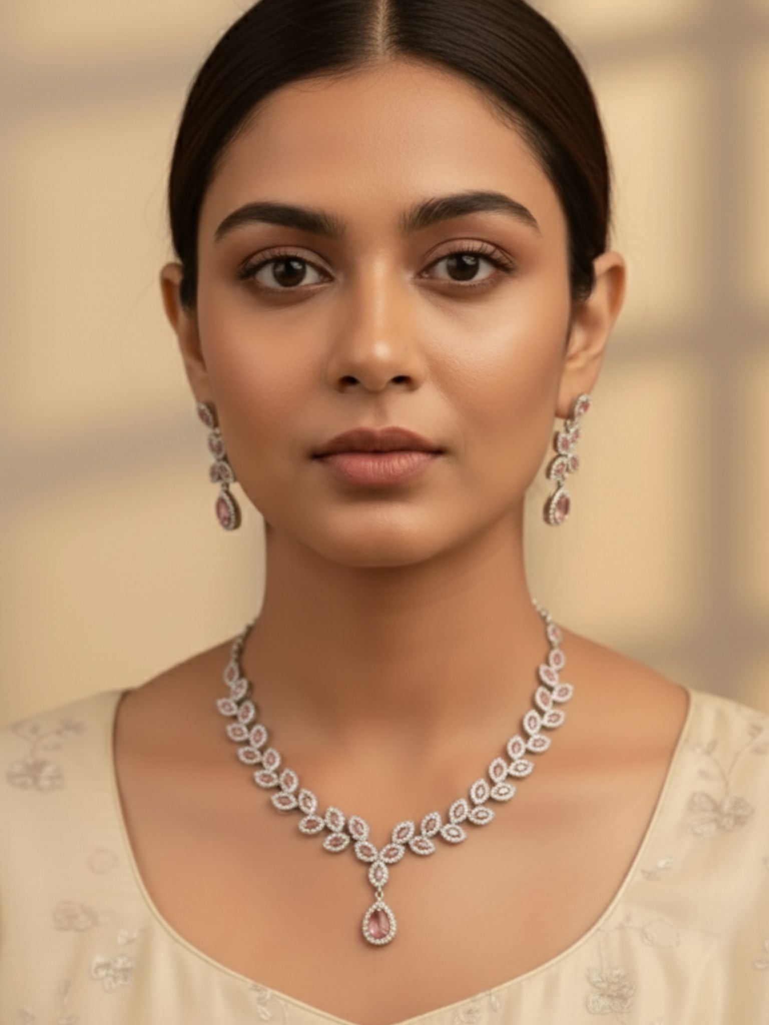 Rose Gold-Plated Leaf Motif Necklace Set with Earrings