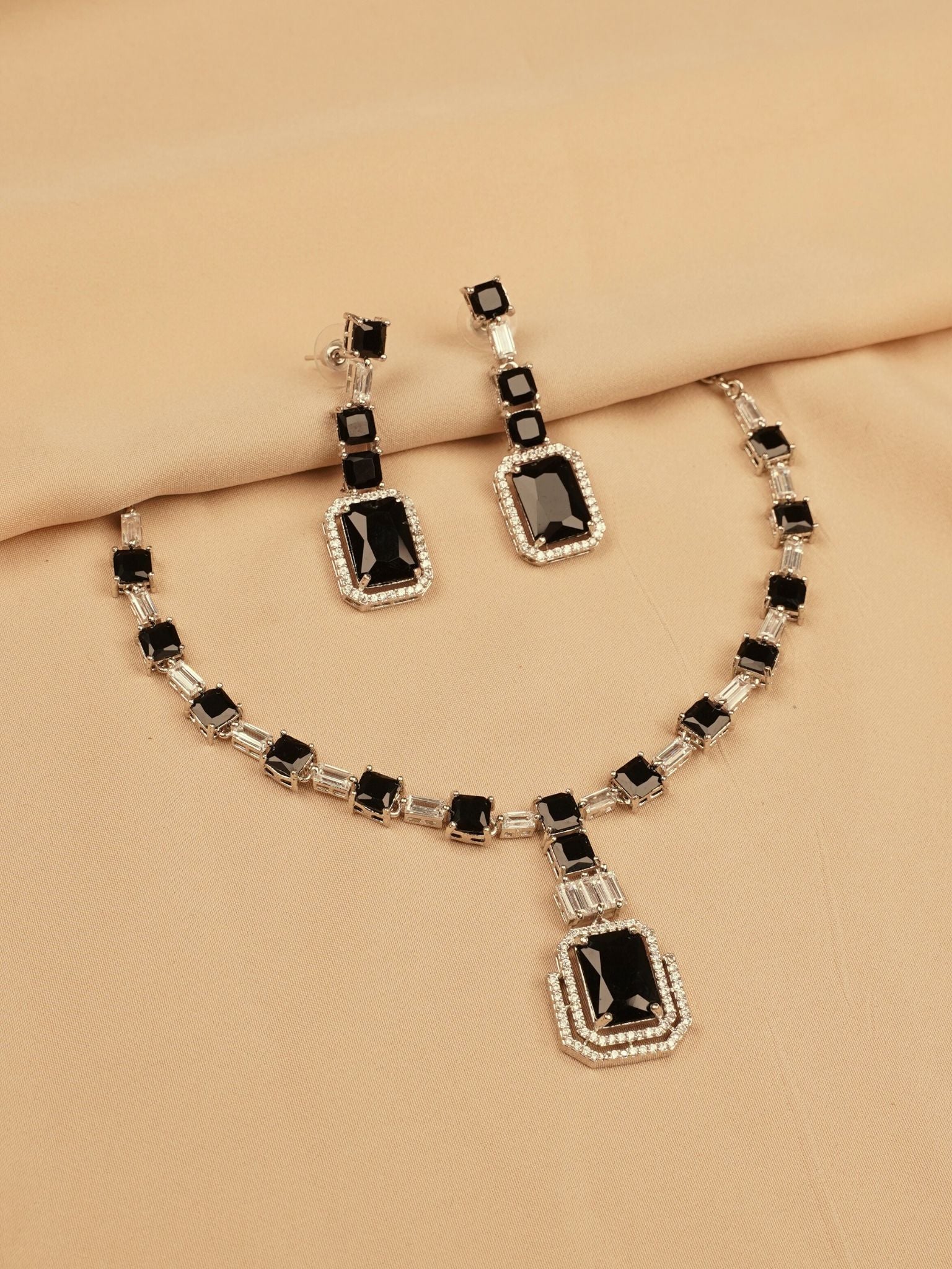 Silver-Plated Black Stone Necklace Set with Earrings
