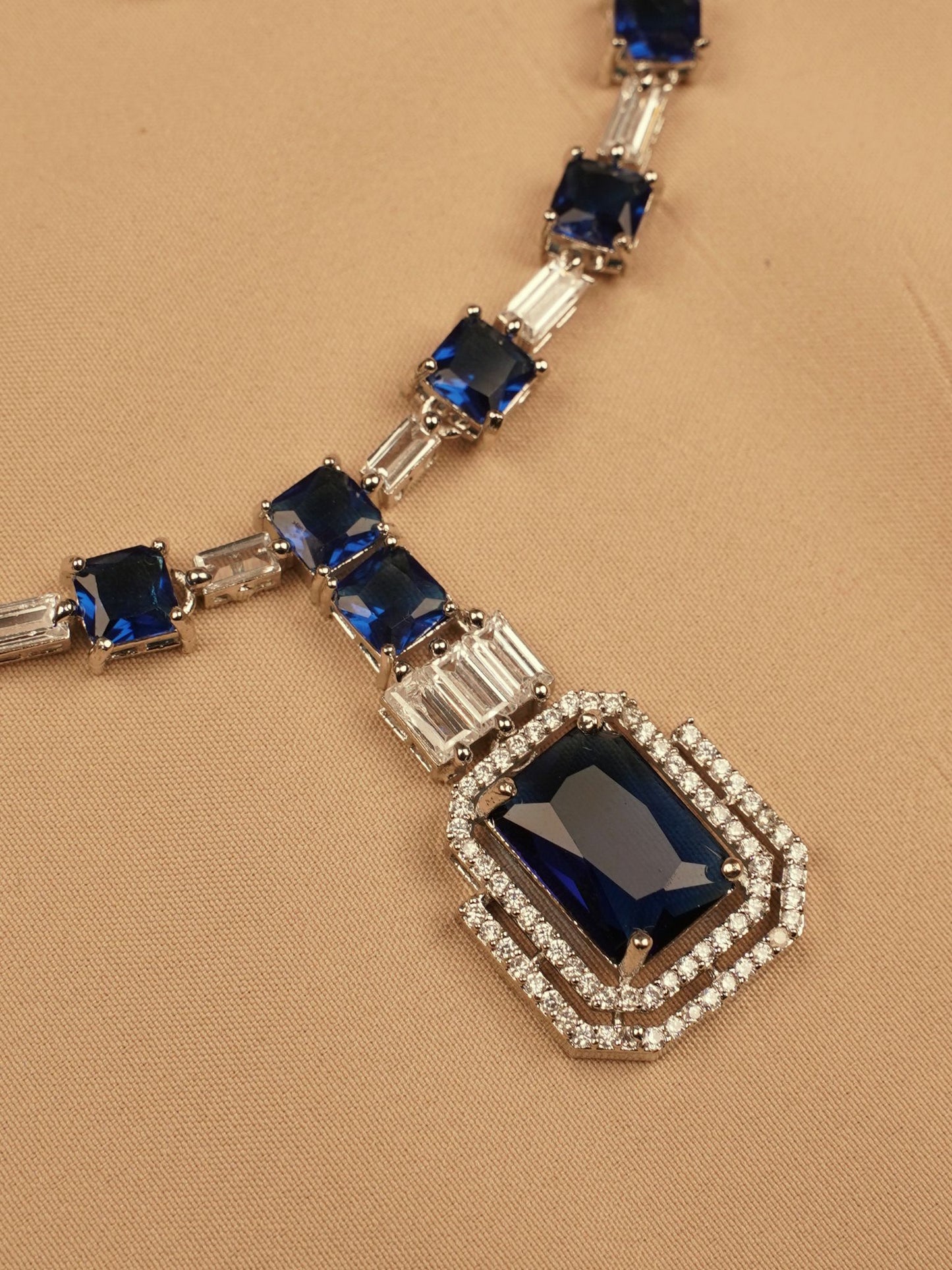 Silver-Plated Royal BlueStone Necklace Set with Earrings