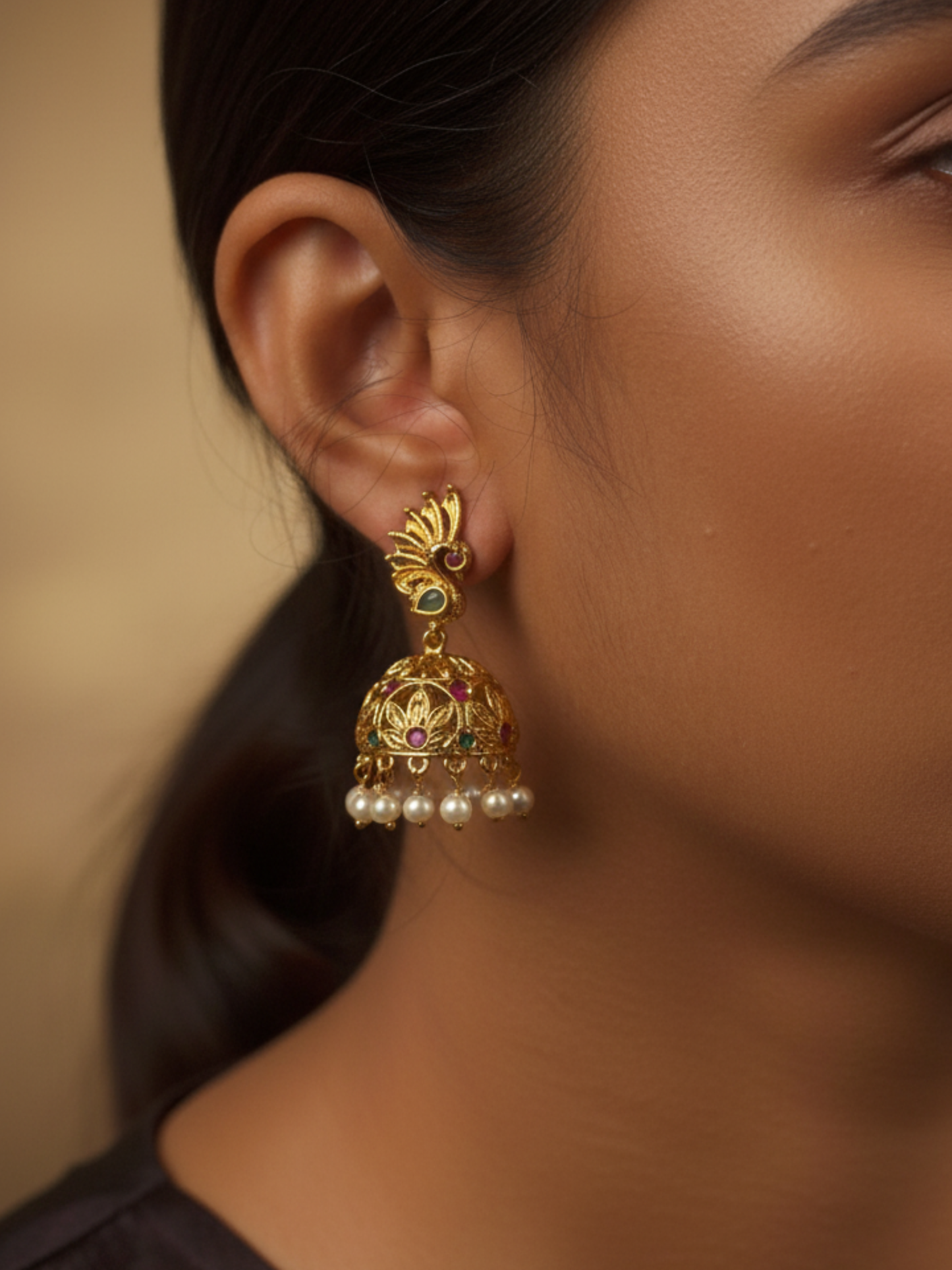 Peacock-Inspired Gold Jhumka Earrings with Pearl Drops