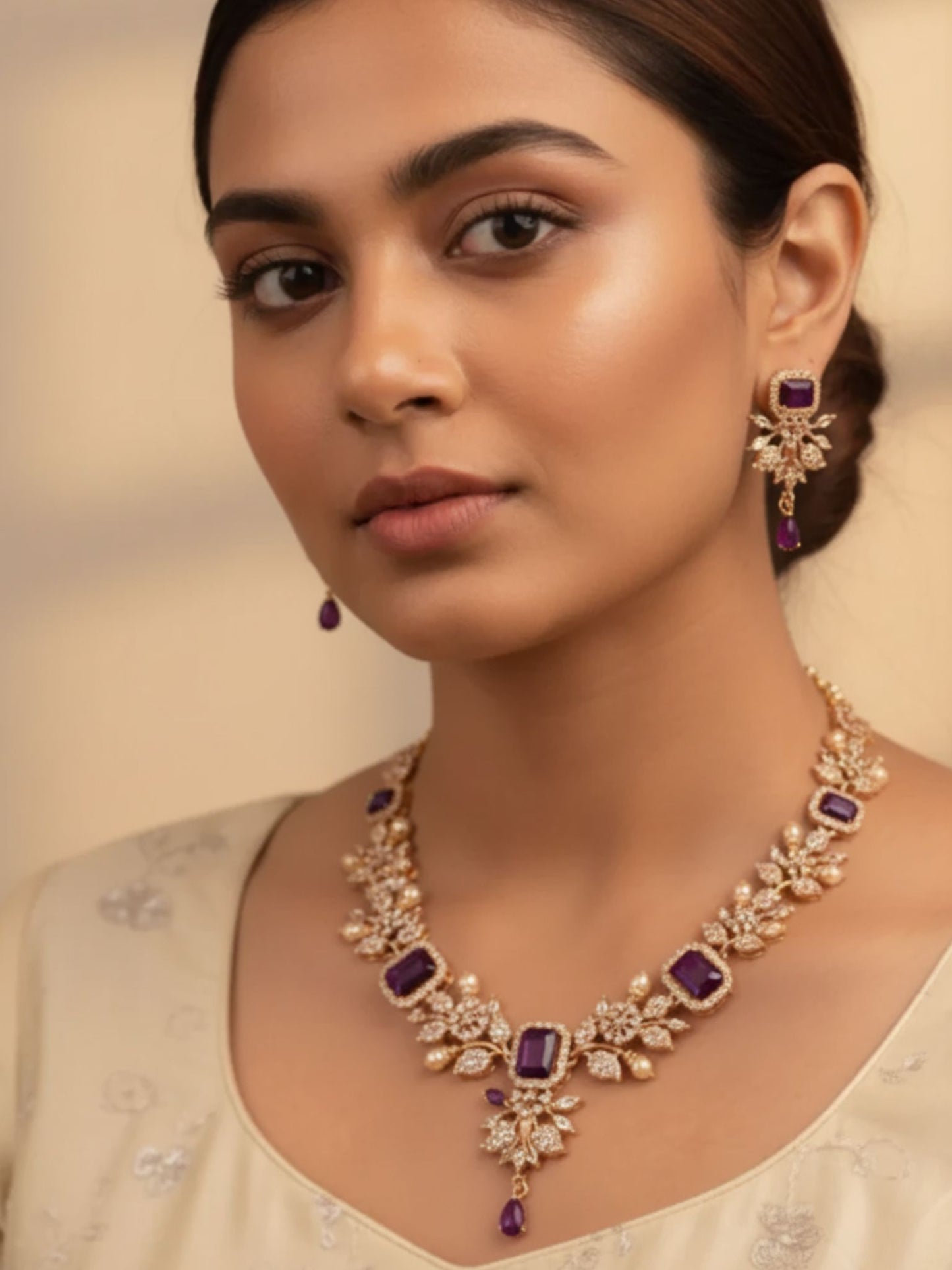 Purple Gold Crystal & Pearl  Necklace Set