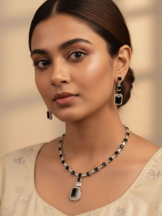 Silver-Plated Black Stone Necklace Set with Earrings