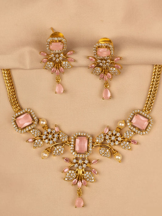 Elegant Gold & Pink Stone Bridal Jewelry Set