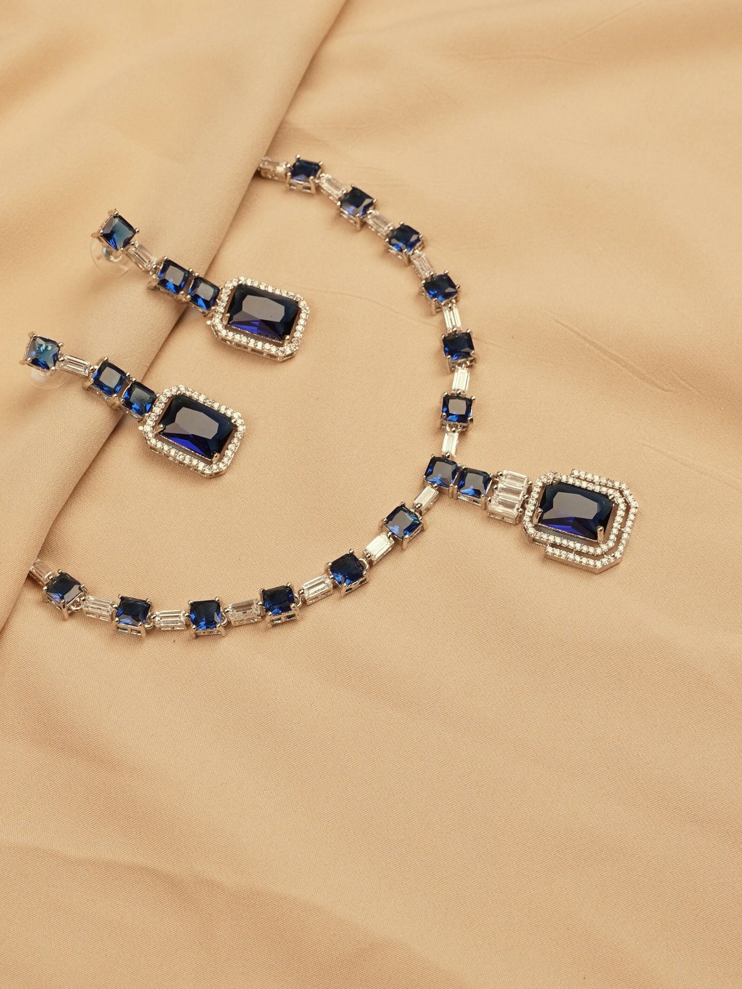 Silver-Plated Royal BlueStone Necklace Set with Earrings