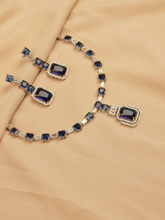 Silver-Plated Royal BlueStone Necklace Set with Earrings