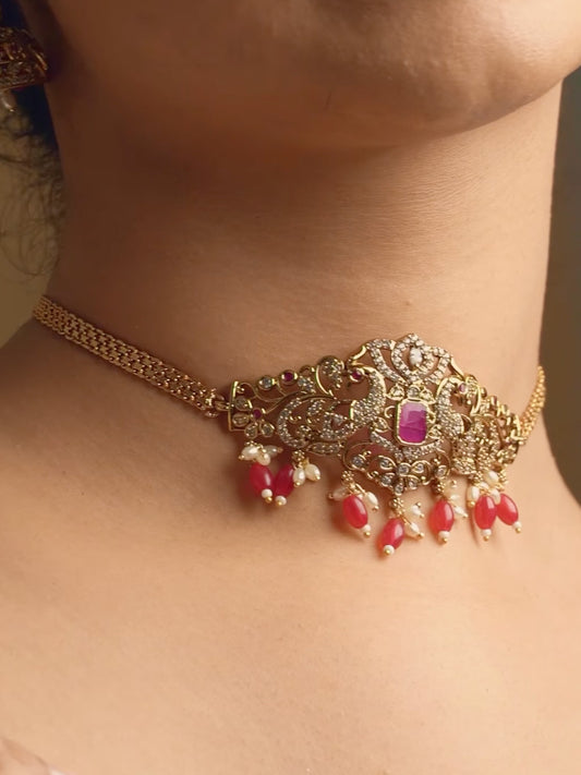 Elegant Red and white Stone Choker Necklace with Earring kc308