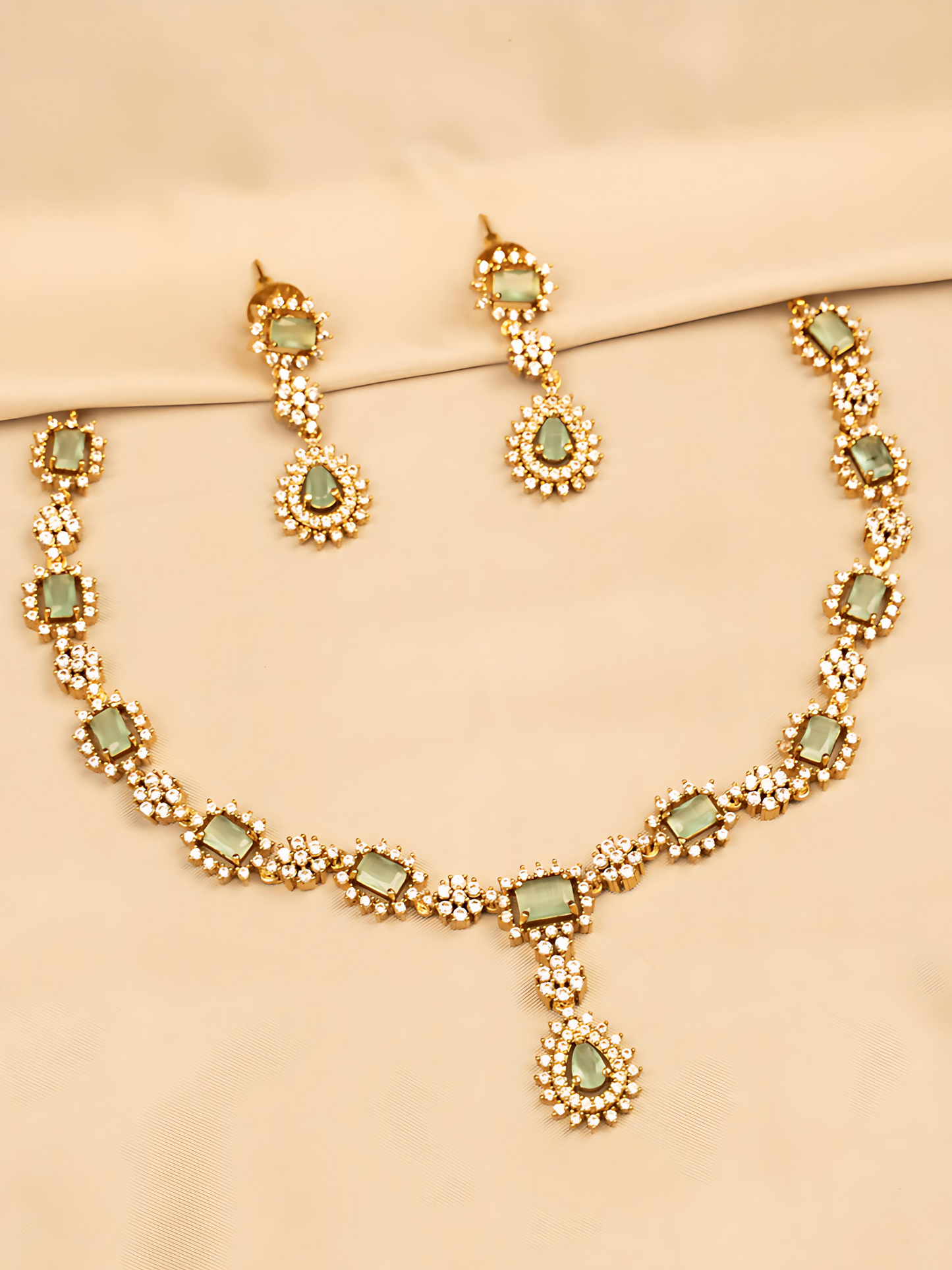Elegant Green and White Stone Necklace Set KC569