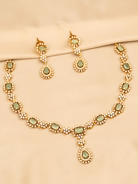 Elegant Green and White Stone Necklace Set KC569