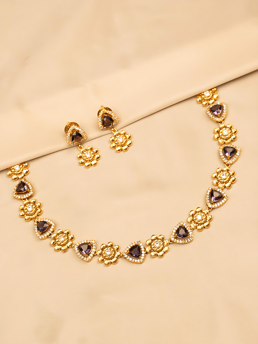 Purple Flower Design Necklace Set – Elegant & Charming KC595