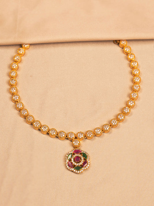 Elegant Gold-Plated Floral Necklace with Crystal and Ruby-Green Accents